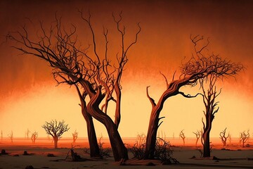 Sunburnt trees, concept of Desertification and Drought, created with Generative AI technology