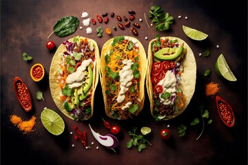 Vegetarian tacos with variety of toppings, concept of Fresh ingredients and Build-your-own, created with Generative AI technology