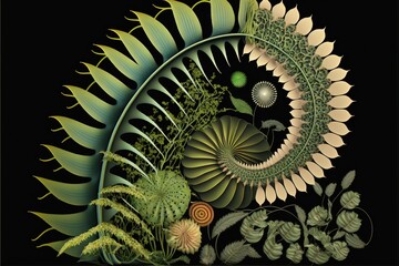 Visualization of the fibonacci sequence in plant growth patterns, concept of Self-Similarity and Nature's Geometry, created with Generative AI technology