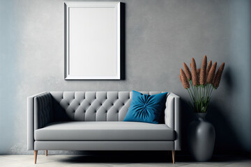 Mockup of an empty white poster frame on a gray concrete wall next to a blue sofa and a vase in a contemporary interior design environment. Generative AI