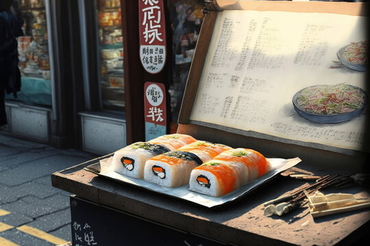 Korean street cuisine for sale in Busan. Kimbap. Generative AI