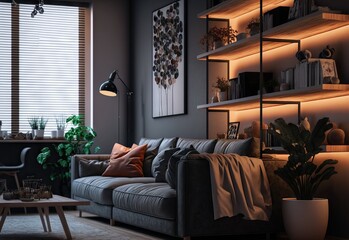 In a spacious living area, cozy grey furniture is complemented by a wooden shelf unit and a black lighting. Generative AI