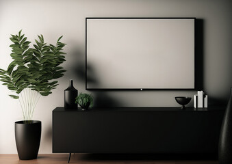 Modern living room zen style smart TV mockup hanging on cabinet décor with a blank, black screen. Generative AI