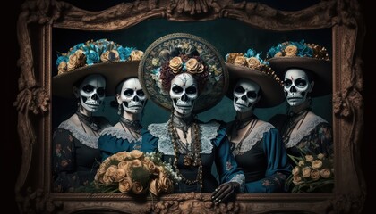 Dia de los muertos, Mexican holiday of the dead and halloween. Five women with sugar skull make up and flowers.  generative AI