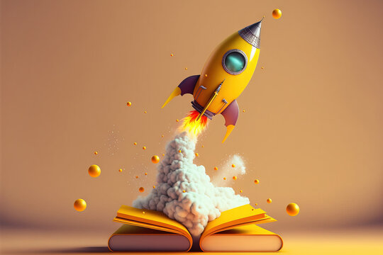 On a yellow background, a toy rocket launches from the books and begins to spew smoke. Symbol of the thirst for knowledge and education. Illustration used in schools. Generative AI