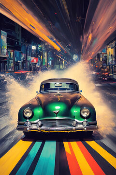 Vintage Retro Car With Colored Streaks Of Paint In The Background