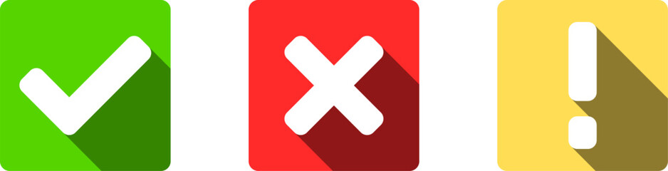 Obraz premium Green Yes or OK Red No or Declined Yellow Problem or Warning Flat Icon Set with Check Mark X Cross and Exclamation Mark Symbols with 3D Shadow Effect. Vector Image.