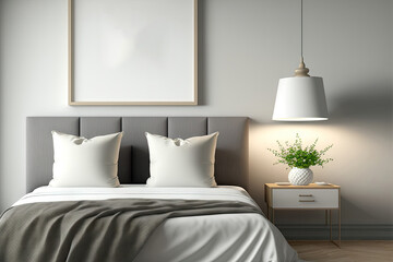 Bedroom with a blank horizontal frame mockup, a gray bed, a table with a flower vase and a ceiling lamp. 3d illustration, interior design,. Generative AI