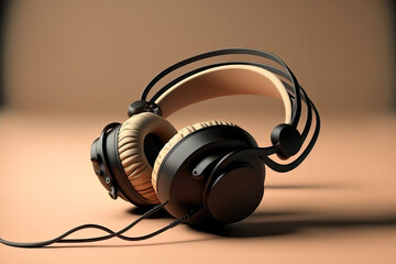 Fototapeta na wymiar Stylish, contemporary black headphones in a beige background. Generative AI
