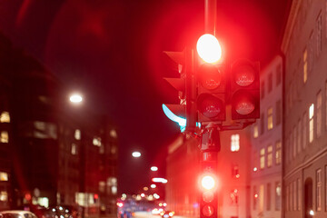 Fototapeta na wymiar Traffiic signal showing red a light - traffic junction in Copenhagen Denmark