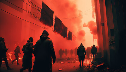 Riots in the dystopian post apocalyptic street, red smoke around, crowd silhouette, Generative Ai