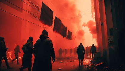 Plexiglas foto achterwand Riots in the dystopian post apocalyptic street, red smoke around, crowd silhouette, Generative Ai © Mighty