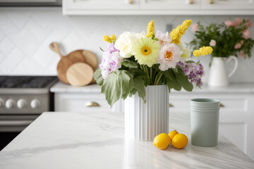 Bouquet in a white kitchen, editorial, [Generative AI]