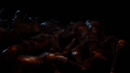 Medieval knights who fell in battle, 3d visualization. Dark hall, everyone is lying on the floor