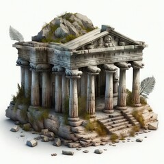 Historical stone ruins of an ancient temple with columns isolated on a white background, generative ai