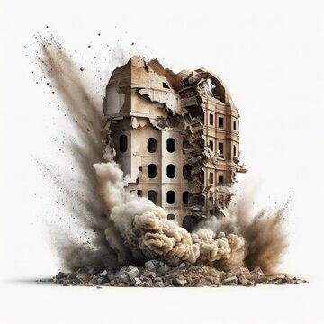 A residential building being demolished through controlled explosives isolated on a white background, generative ai