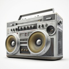 Vintage 80s retro boombox cassette and radio music player isolated on a white background, generative ai