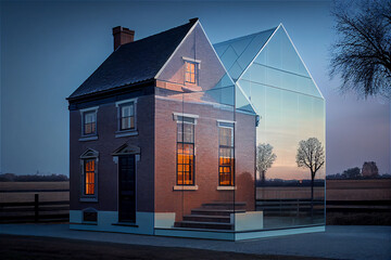 Traditional house with a transparent glass outbuilding, generative AI - obrazy, fototapety, plakaty