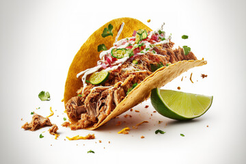 taco with pulled pork and lime on a white background. Generative AI
