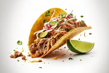 Foto op Aluminium taco with pulled pork and lime on a white background. Generative AI © Vusal