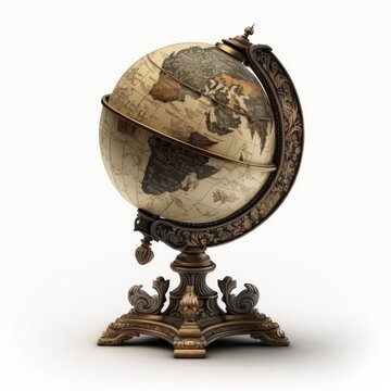 Retro vintage antique spinning globe isolated on a white background, revolving rotating earth,  generative ai