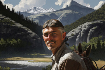 Naklejka premium Happy caucasian man exploring mountain scenario riding a horse. Mountains, trees and river in the background - Generative AI