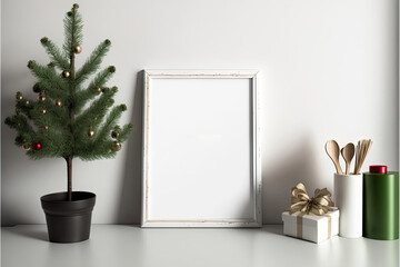 Christmas mock up with wooden frame and tree decor. Square frame on a white shelf against a white wall. Copy space. Generative AI