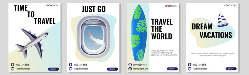 Travel social media post and web banner template design with blue accent. Set of web banner, flyer or poster for travel, tourism, adventure company, offer promotion. 