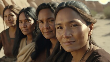 Group of beautiful attractive indigenous Native American  women looking at the camera. Generative AI - obrazy, fototapety, plakaty
