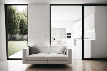 White interior design, architect designer concept, blurred background, white folding door opening on contemporary living room with sliding door and dining table. Generative AI