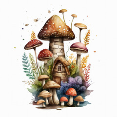 Colorful magic fantasy mushrooms in a forest. Mushroom fairy house, watercolor art. AI Generative.