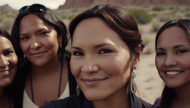 Group of beautiful attractive indigenous Native American  women looking at the camera. Generative AI