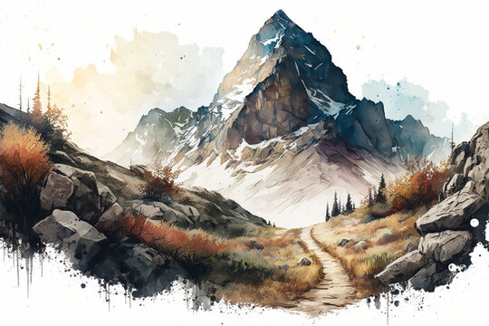 Beautiful landscape with snowy mountains painted in watercolors. AI Generative.