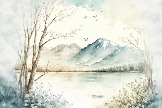 Watercolor painting of landscape with lake and mountains. AI Generative.
