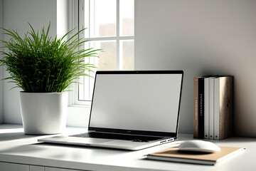 a mockup laptop display on a table in a white room,. Generative AI
