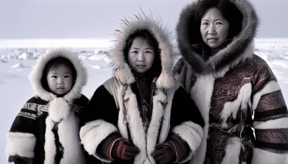 Two Inuit women and one child posing outside in the frozen outdoors. Generative AI - obrazy, fototapety, plakaty