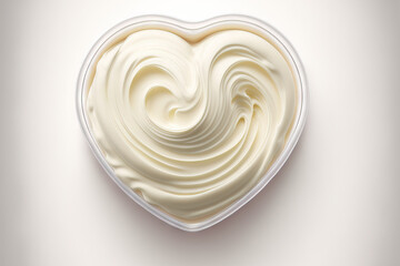 yogurt or skin care product isolated heart form on a white backdrop Creative Valentine's Day idea. Generative AI - obrazy, fototapety, plakaty
