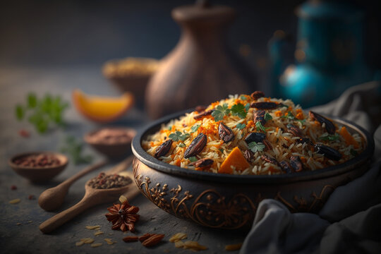 rice with carrot meat and vegetables on a dish appetizing fragrant on the table