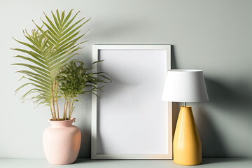pastel colored frame mockup with a plant vase and lamp background on a desk wall. Generative AI