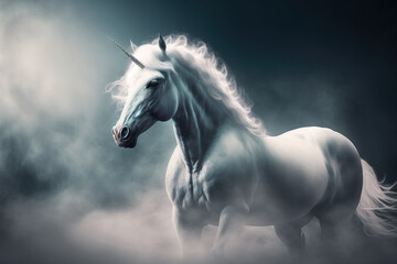 Obraz na płótnie Canvas A stunning unicorn stallion with a white coat is surrounded by clouds and fog. Generative AI