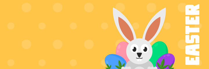 Easter bunny banner with colored eggs. Flat design vector illustration.