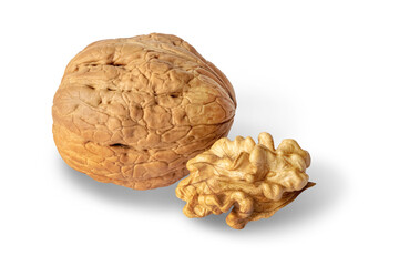 Walnuts peeled and unpeeled in the shell on white isolated background with shadow. Full depth of field