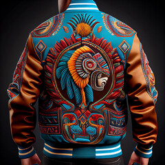 jacket on a black background with the image of the Mayan tribe