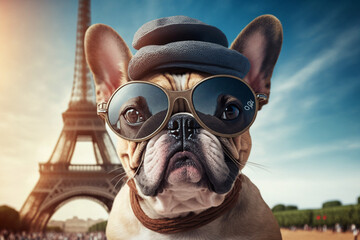a French bulldog dog in a cap and glasses against the background of the Eiffel Tower
