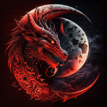 logo emblem red dragon and red moon on black sky