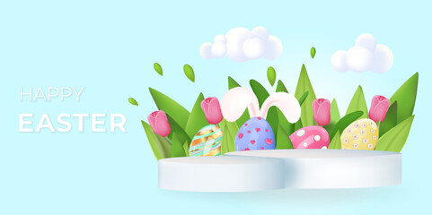 Podium with bright eggs and a rabbit in the background. Banner for spring sale