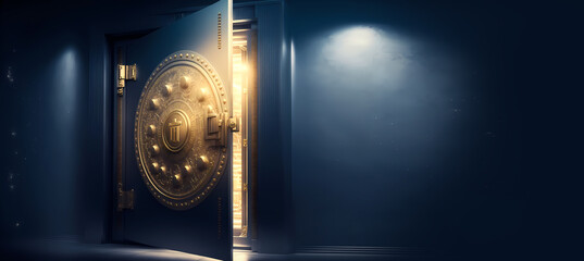 Gold Safe deposit with bitcoin logo. Concept symbol of cryptocurrency safety in internet blockchain virtual. Copy space banner. Generation AI - obrazy, fototapety, plakaty