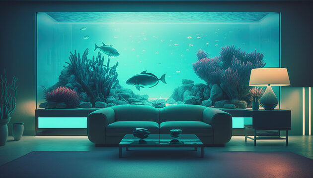 modern living room aquarium, video conference, zoom background, Generative AI 