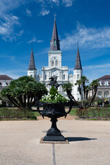 St. Louis Cathedral in Jackson Square in New Orleans on a blue sky day