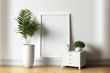 Modern white interior with empty picture frame on the wall. Mockup template design. Generative AI